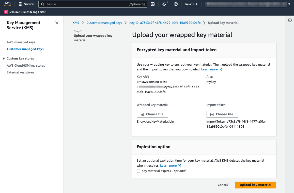 Upload key material